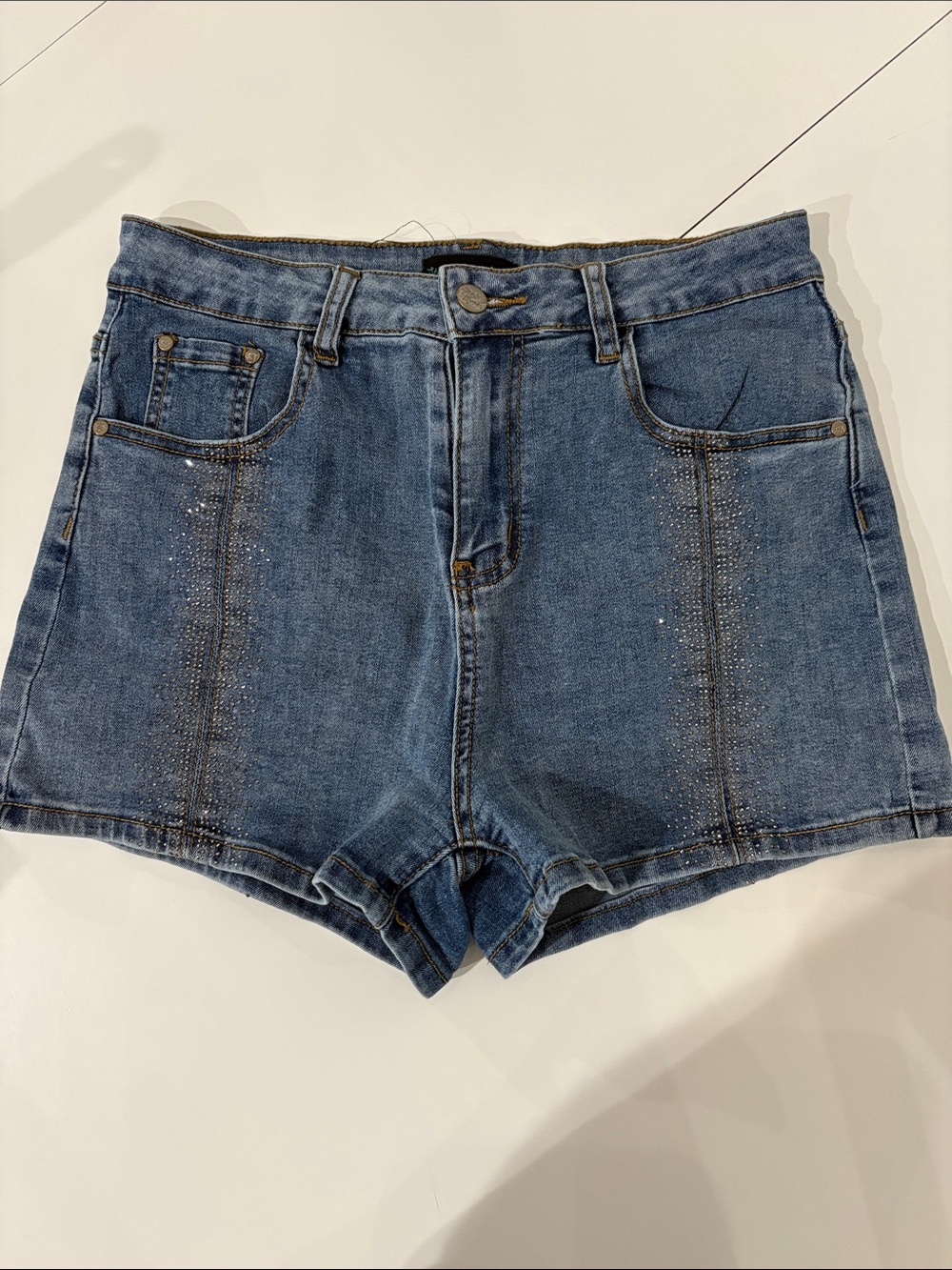 Sterling Kreek High-Rise Blue Denim Jean Shorts with Subtle Rhinestone Detail